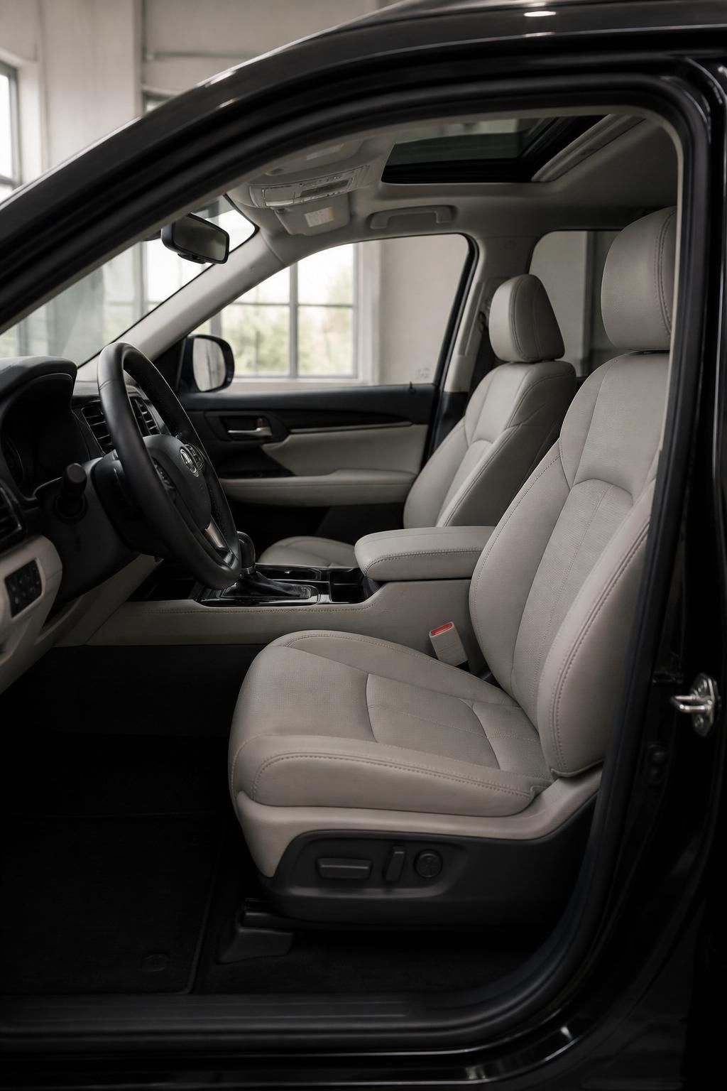 A clean vehicle interior in a modern detailing bay with soft natural light.