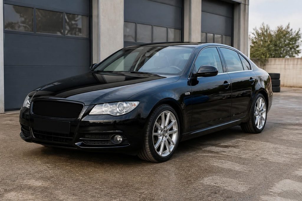 A spotless black sedan with a freshly detailed exterior in natural light.